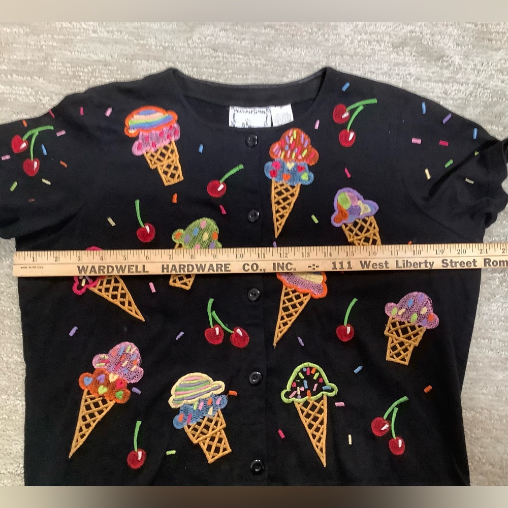 Vintage 90s Michael Simon Black cardigan embroidered  Ice Cream and Cherry - Picture 5 of 7